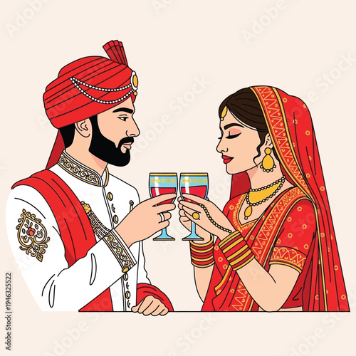 Traditional Indian wedding couple toasting with red wine glasses at reception ceremony