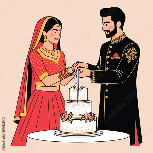 Beautiful Indian wedding couple cutting tiered cake at marriage reception celebration