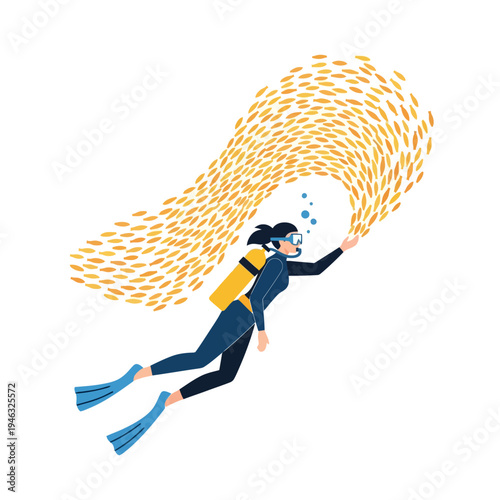 Scuba diver swimming through a swirling school of small yellow fish underwater