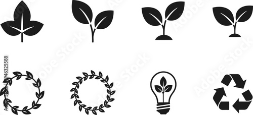 Eco-Friendly and Sustainable Growth Icon Set - Flat Vector Symbols for Green Energy, Organic Branding, Environmental Conservation, Agriculture, and Circular Economy Concepts