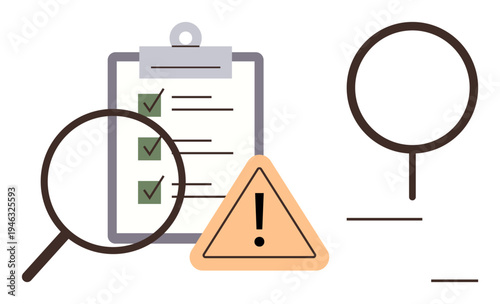 Workplace safety, risk management, quality assurance, compliance, auditing, error detection. A checklist with checkmarks, a magnifying glass and a warning triangle. Risk management and workplace