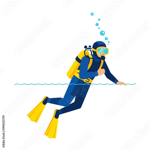 Scuba Diver Swimming Underwater with Bubbles and Yellow Fins
