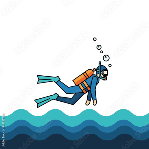 Scuba diver swimming underwater with bubbles, blue and orange suit, flippers, and oxygen tank