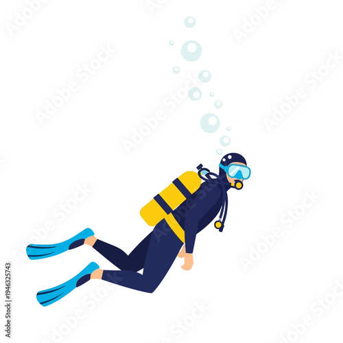Scuba diver swimming underwater with bubbles, blue and yellow gear
