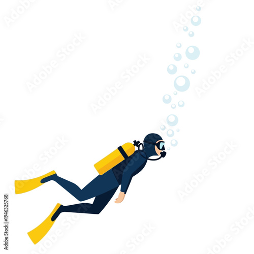 Scuba diver swimming underwater with bubbles, yellow oxygen tank, blue suit, fins