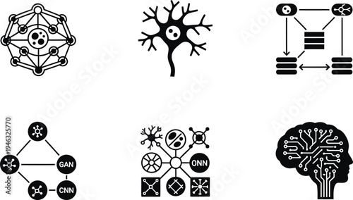 Advanced Neural Networks and Deep Learning Icon Set - Flat Vector Symbols for Generative AI, GAN, CNN Architecture, Machine Learning Models, Data Science, and Cognitive Computing Systems