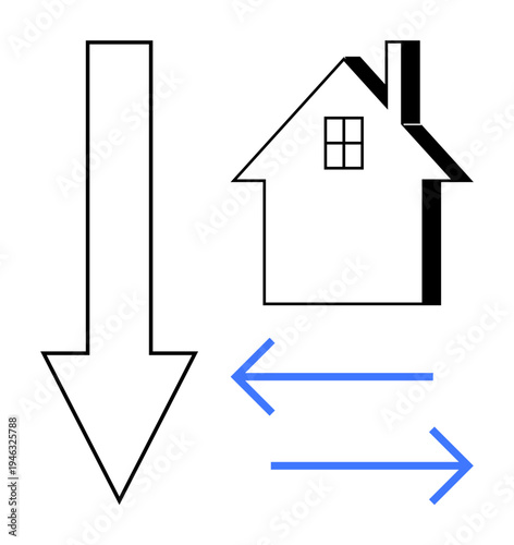 Real estate trends, housing economics, market analysis, property values, investment dynamics, residential shifts. A downward arrow, a house icon and bidirectional blue arrows. Real estate trends