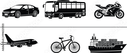 Vector illustration of black silhouette vehicles including car, bus, motorcycle, airplane, bicycle, and cargo ship for transport, travel, and design.