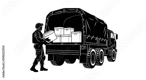 Military Soldier Loading Supply Boxes into Cargo Truck Silhouette