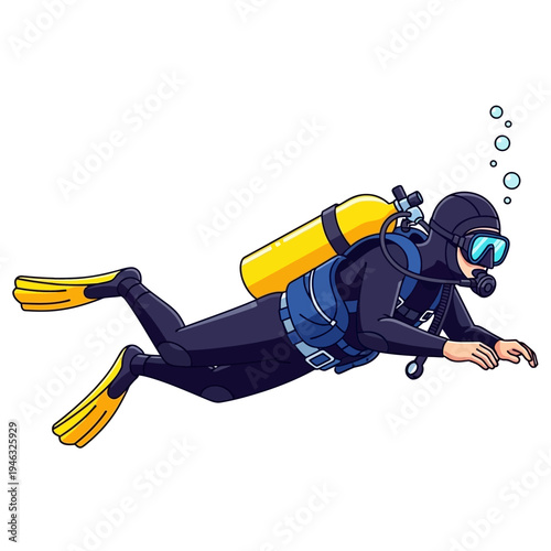 Scuba diver swimming underwater with yellow oxygen tank and bubbles