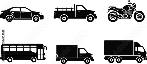 Vector illustration of black silhouette vehicles including sedan, pickup truck, motorcycle, bus, delivery van, and cargo truck for transport design.