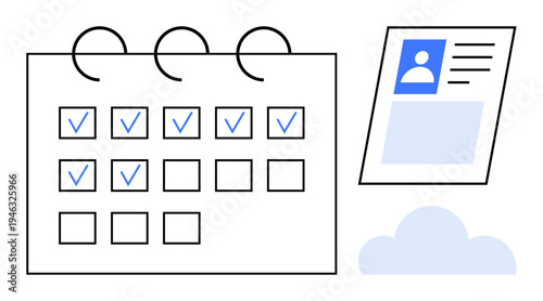 Task management concept. Task management visual with a calendar, checkboxes, and employee profile. Task management for productivity, team organization, cloud storage, and business planning