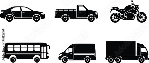 Vector illustration of black silhouette vehicles including sedan, pickup truck, motorcycle, bus, van, and cargo truck for transport and design.