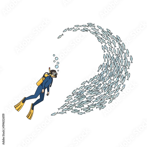 Scuba diver swimming with a large school of fish forming a wave shape