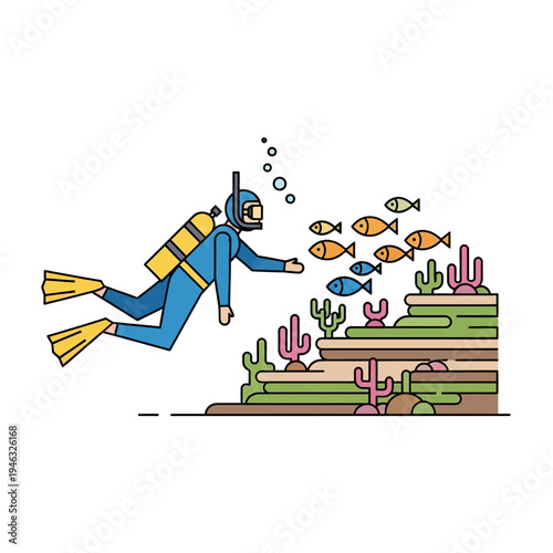 Scuba diver swimming with colorful fish near coral reef in clear blue ocean water