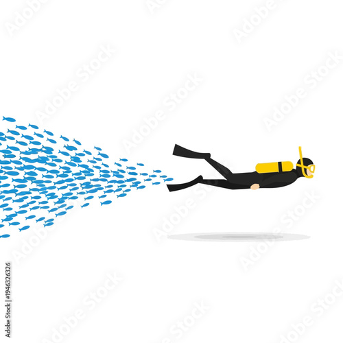 Scuba Diver Swimming with Large School of Fish Underwater