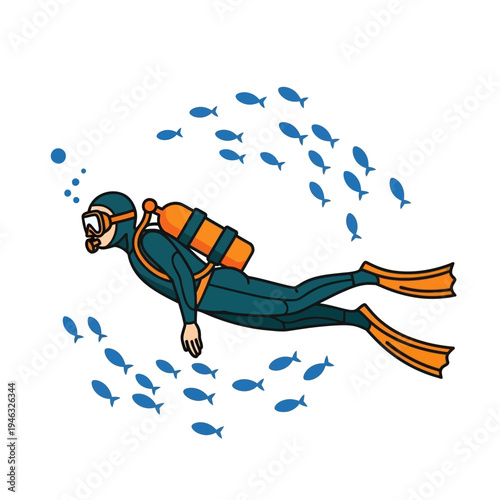 Scuba Diver Swimming With School of Fish Underwater