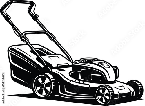 Vector illustration of modern lawn mower with handle, grass collection bag, wheels, and motor housing for gardening, landscaping, and outdoor equipment.