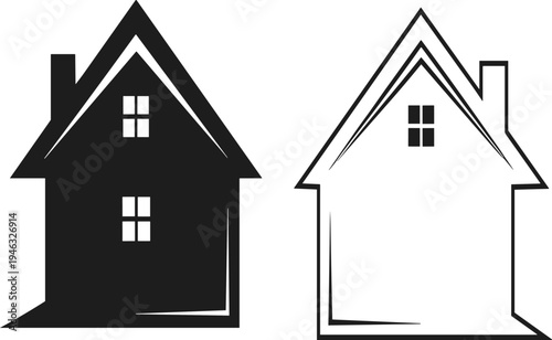 Black and white minimalist house icon set featuring silhouette and outline vector designs for real estate branding home insurance mortgage services and architectural property logos