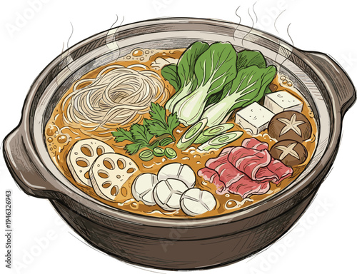 Steaming Asian Hot Pot Illustration Tender meat, fresh vegetables, noodles, and tofu simmer in a rich broth, creating a comforting culinary delight