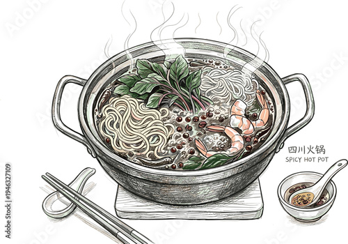 Detailed hand-drawn illustration of a steaming hot pot brimming with savory noodles, succulent shrimp, and fresh greens, ready for a comforting and flavorful culinary experience