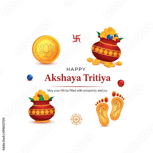 Akshaya Tritiya celebration with gold coins and traditional Indian pots