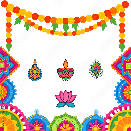 Akshaya Tritiya festival decorations with colorful flowers and diyas