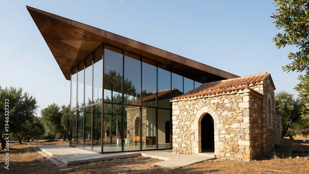 Obraz premium Unique contemporary architectural house exterior featuring an angular roof design blending seamlessly into a rocky natural landscape environment at twilight.