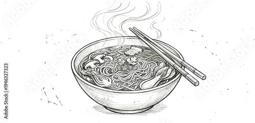 Detailed hand-drawn illustration of a steaming bowl of Asian noodle soup with chopsticks, capturing the comforting essence of a traditional hot meal in a monochrome sketch style