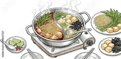 A delightful overhead illustration of a steaming hot pot filled with assorted ingredients and side dishes