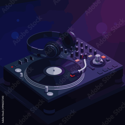 Modern DJ setup with turntable and headphones, vibrant atmosphere in the background