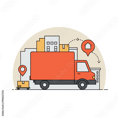 Delivery truck navigating urban landscape with buildings and location markers visible