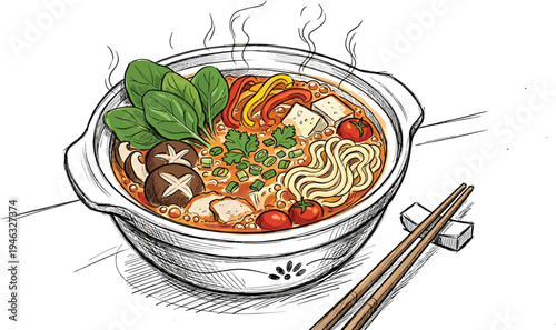 Delicious and steaming hot bowl of Japanese ramen soup with noodles, tofu, mushrooms, and fresh vegetables, served with chopsticks