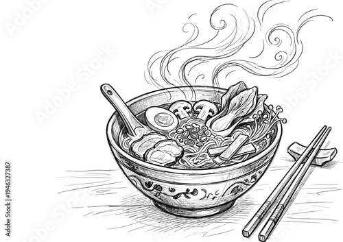 Hand-drawn illustration of a steaming bowl of ramen noodles with chopsticks, capturing the essence of a warm, comforting meal