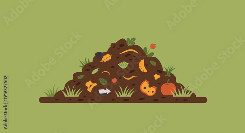 A colorful compost pile with organic waste, leaves, and vegetables on a green background