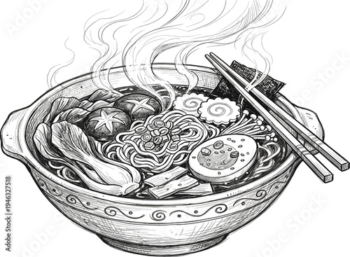 Detailed hand-drawn illustration of a steaming Asian noodle soup bowl with noodles, egg, and vegetables. A comforting culinary sketch
