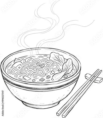 Line art illustration of a steaming bowl of ramen noodles with chopsticks on the side, a delightful depiction of a classic Asian dish perfect for culinary content and food blogs