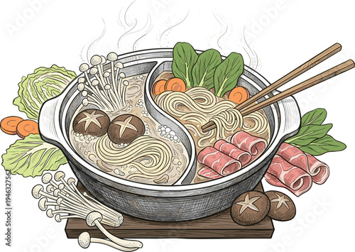 Delicious and healthy Japanese shabu-shabu hot pot with fresh ingredients and steaming broth