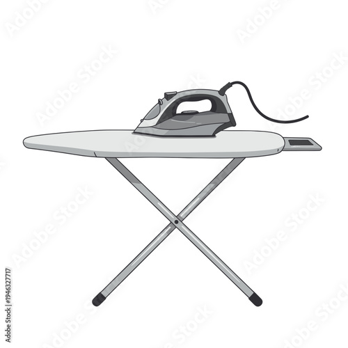 A modern iron resting on a sleek ironing board in a minimalist setting