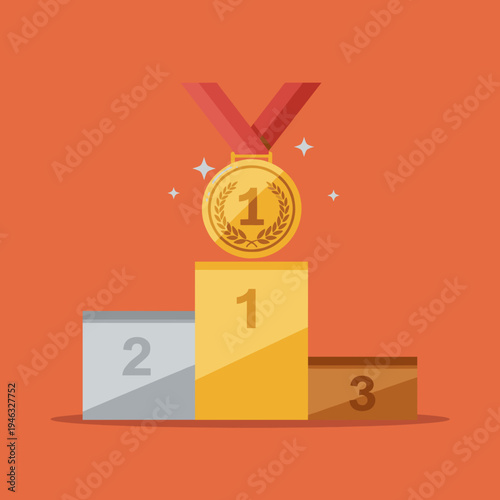 Gold medal awarded for first place achievement on a podium with a vibrant background