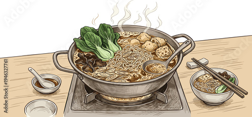 Delicious steaming hot pot meal with noodles and vegetables, presented on a stovetop with accompanying side dishes and chopsticks