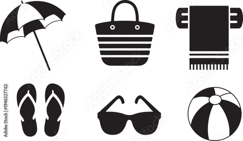 Black and white beach accessories including an umbrella, flip flops, sunglasses, a towel, a bag, and a ball