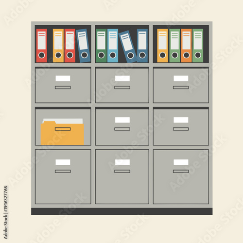 Organized office storage with colorful binders and file drawers in a professional setting