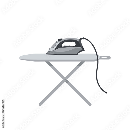 A modern steam iron resting on a sleek ironing board in a minimalist setting