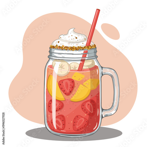 Colorful fruit smoothie in a jar with whipped cream and a red straw, bright background