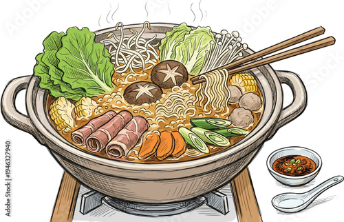 Hearty and Flavorful Asian Hot Pot Stew with a Rich Broth, Assorted Meats, Fresh Vegetables, and Noodles, Served in a Traditional Clay Pot on a Portable Burner for a Delicious Communal Meal