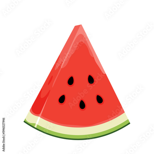 Vibrant slice of watermelon showcasing juicy red flesh and black seeds against a white background