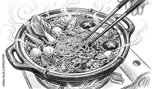Detailed Monochrome Illustration of a Steaming Hot Pot Dinner with Noodles, Fresh Vegetables, and Meats, Expertly Enjoyed with Chopsticks in a Traditional Asian Culinary Setting