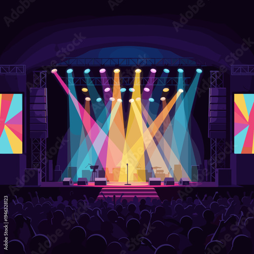 Colorful stage lights illuminate a vibrant concert scene with enthusiastic audience