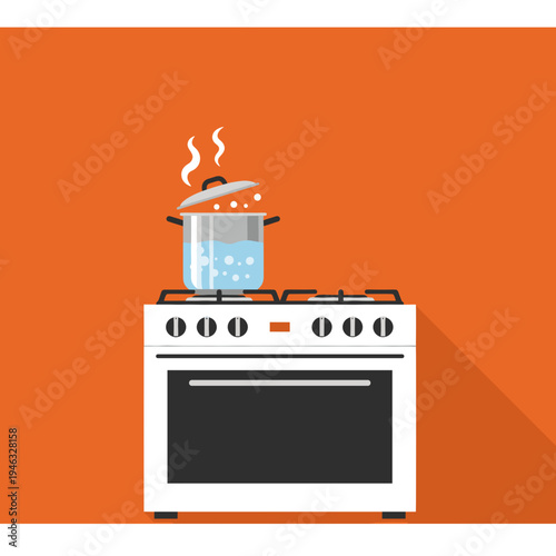 A pot boiling on a stove with steam rising, set against a vibrant orange background